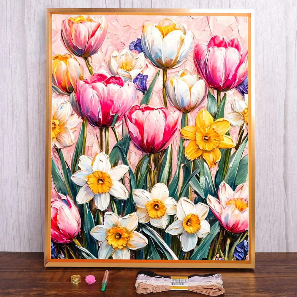 

Flower Narcissus Tuilp Printed 11CT Cross-Stitch Embroidery Kit Painting Knitting Handicraft Needlework Magic Different Gift