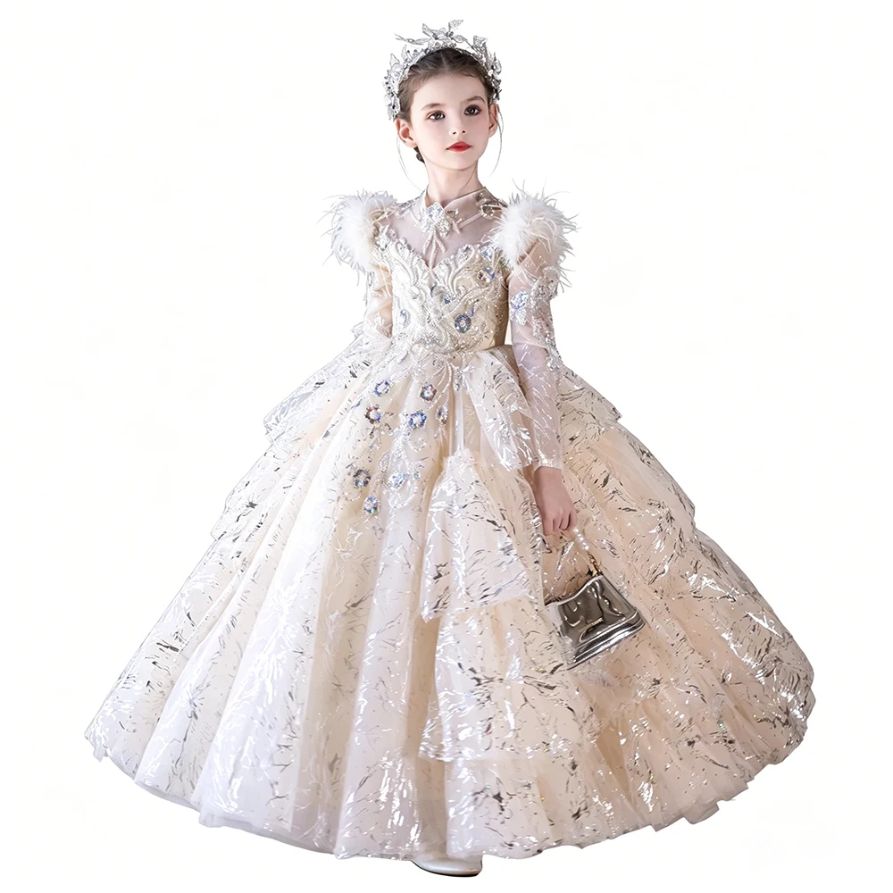 Luxury Feather On Shoulder Shiny Sequined Evening And Pageant Gown Kids Long Sleeve Birthday Party And Prom Layered Dress Girls