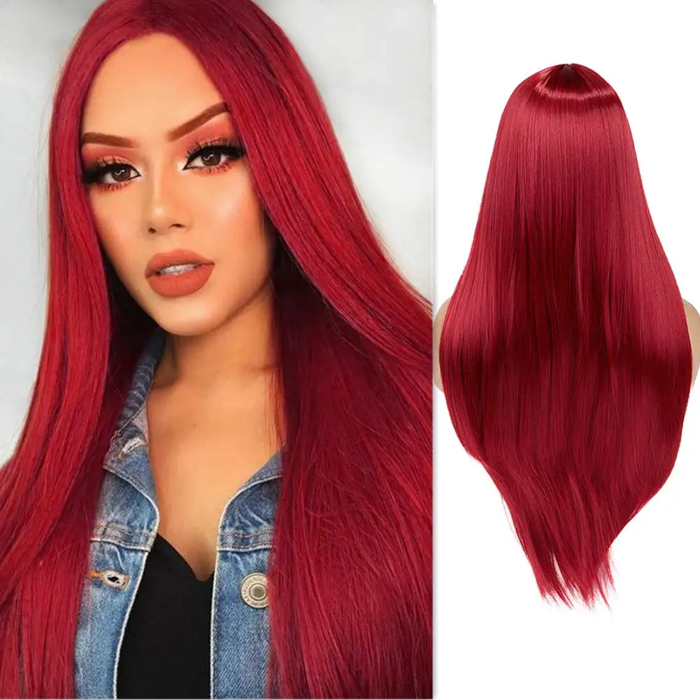 

Wine-Red Synthetic Wig For Women With Long Straight Hair, Colored Wig In The Middle Part, Natural Heat-Resistant Full Head Cover