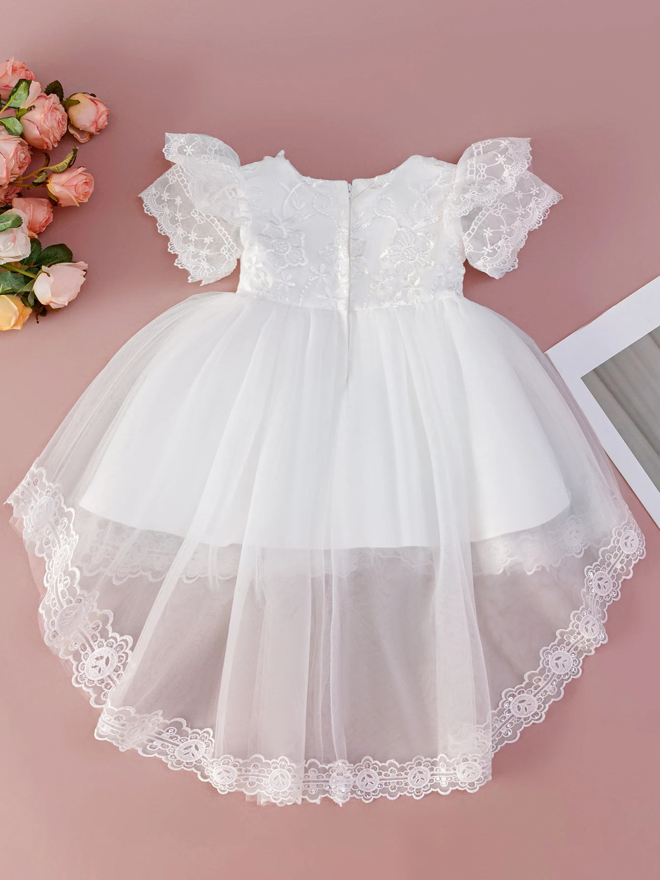 Baby Birthday Dress Elegant White Flower Baby  Girl Dress with Fluffy Tulle Skirt Featuring Short Front and Long Back Desig