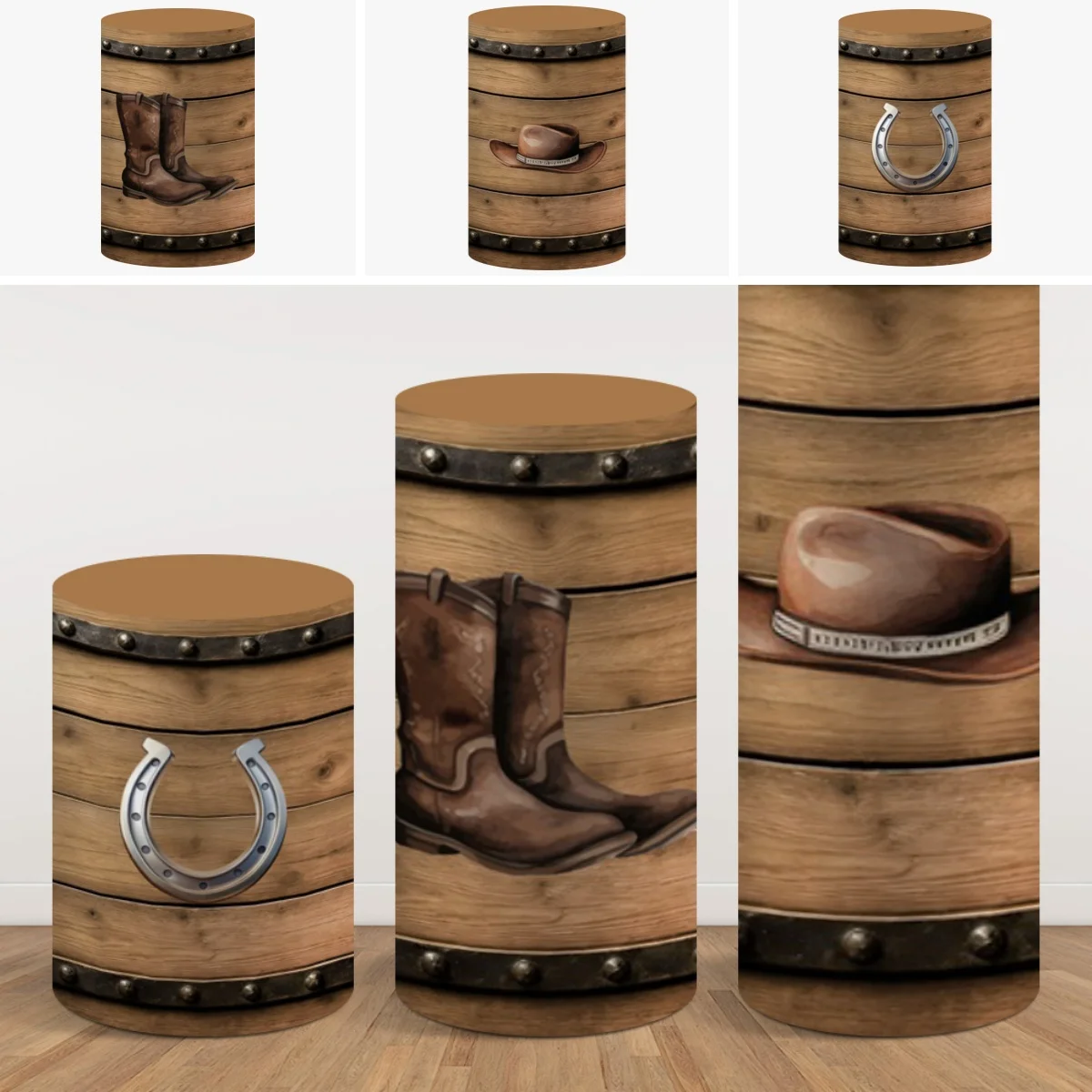 Yeele Western Cowboy 3PCS Cylinder Stand Cover Grey Wooden Riding Boots Hat Birthday Party Decor Elastic Dessert Table Covers