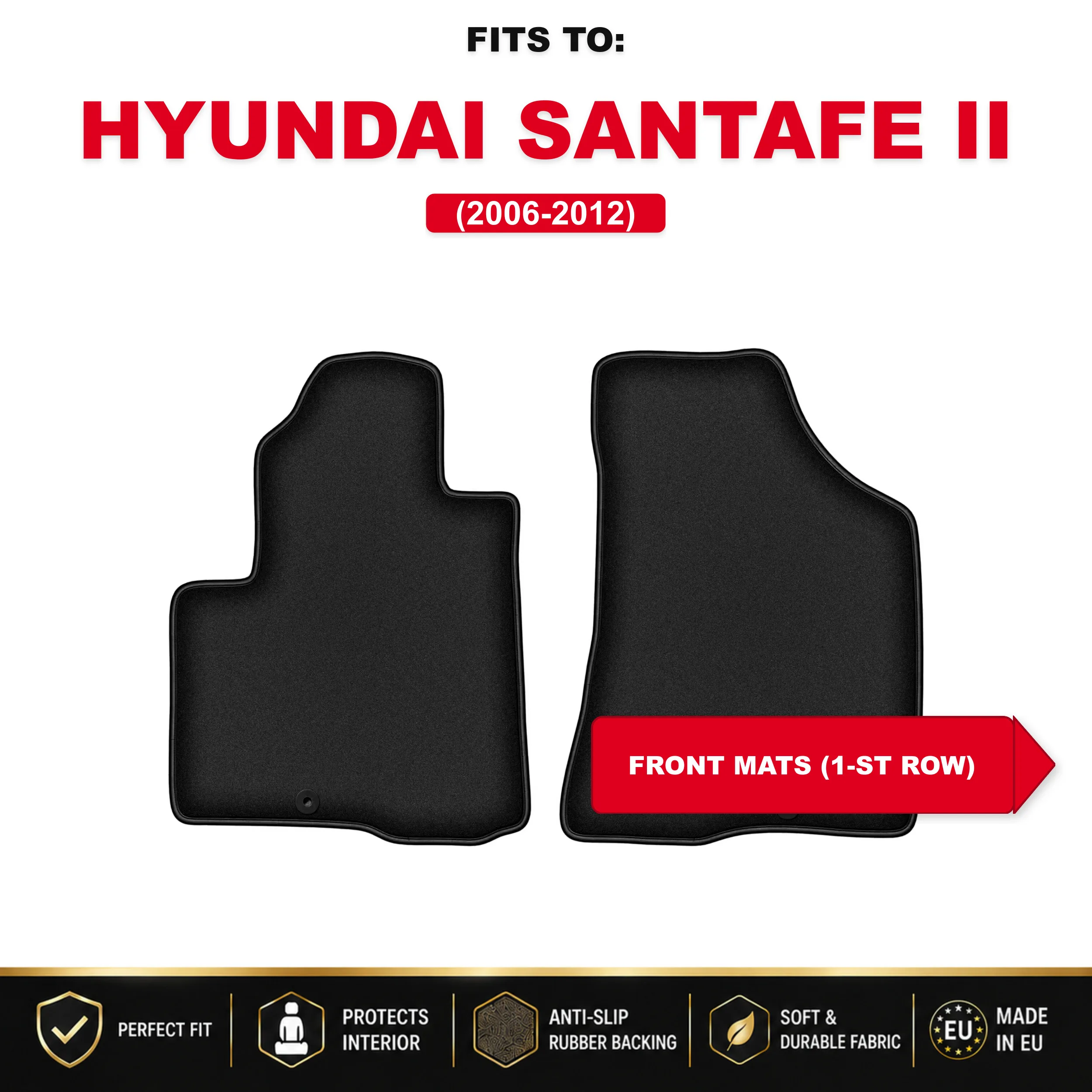 Voorste velours vloermatten, zwart, 2 stuks. Voor: Hyundai Santa Fe II 2006–2012 set voorste autovloermatten voor de vloer van het voertuig