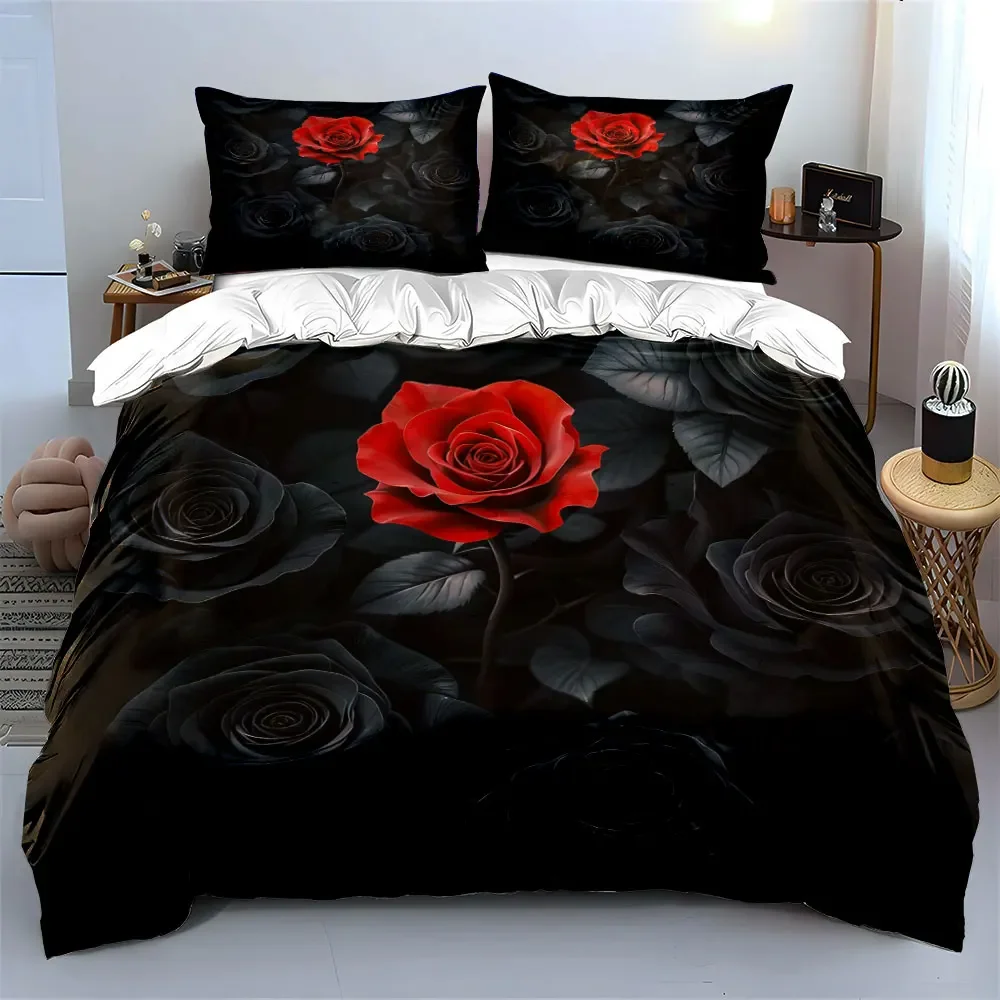 3Pcs Red Black Rose Bedding Set,Single Red Rose on Black Roses Background Print Duvet Cover + 2 Pillowcases,Gothic Floral Decor