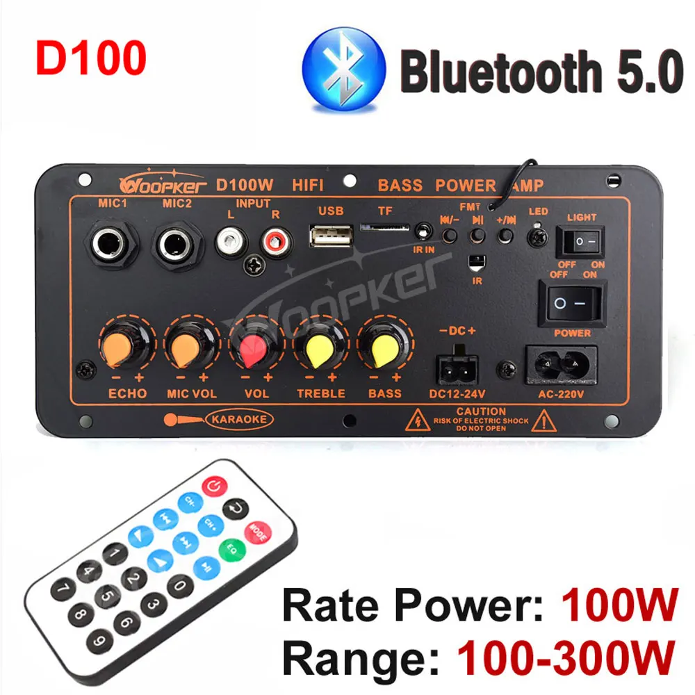 Woopker 300W Bluetooth Audio Verstärker Bord D100 Subwoofer Dual Mikrofon AMP Modul 12V 24V 220V mittelalterlichen Player 3