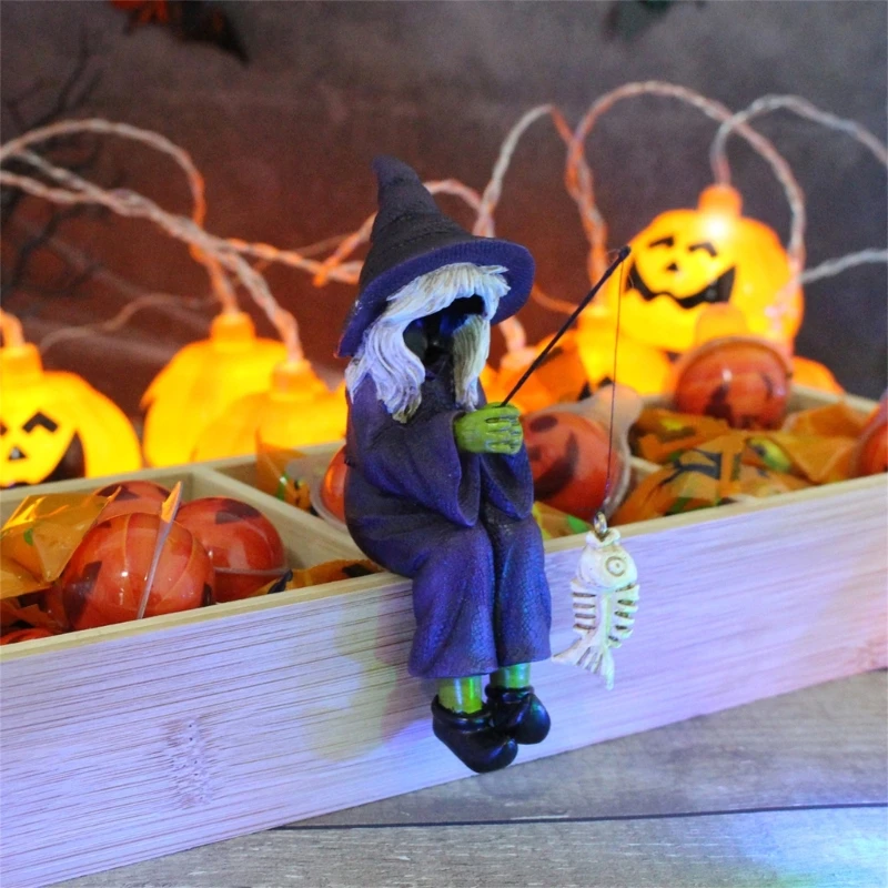 Estatuilla brujas pesca Halloween, estatua paisaje resina pequeña para jardín flores