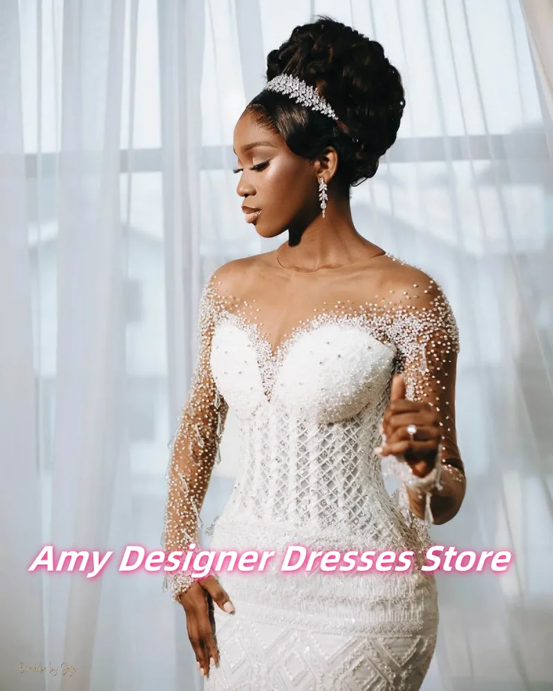 Vestidos De Novia largos De sirena De encaje Vintage para niñas negras mangas largas transparentes Vestidos De Novia Vestidos De Novia personalizados