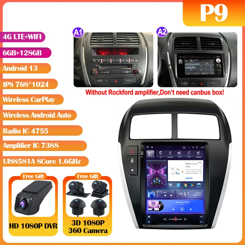 Android 14 Mitsubishi Asx 1 2010-2016 9.7 "7862S QLED Autoradio Multimedia Video Player Carplay Auto GPS Navi Stereo Geen DVD 2Din
