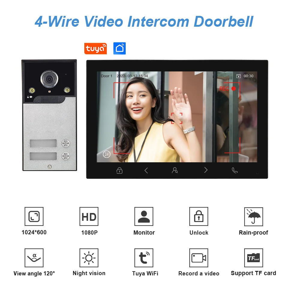 

10"Big Screen Tuya WIFI Video Intercom System For 2-4 Units AHD 1080P Password Board For Option Video Door Phone Doorbell System