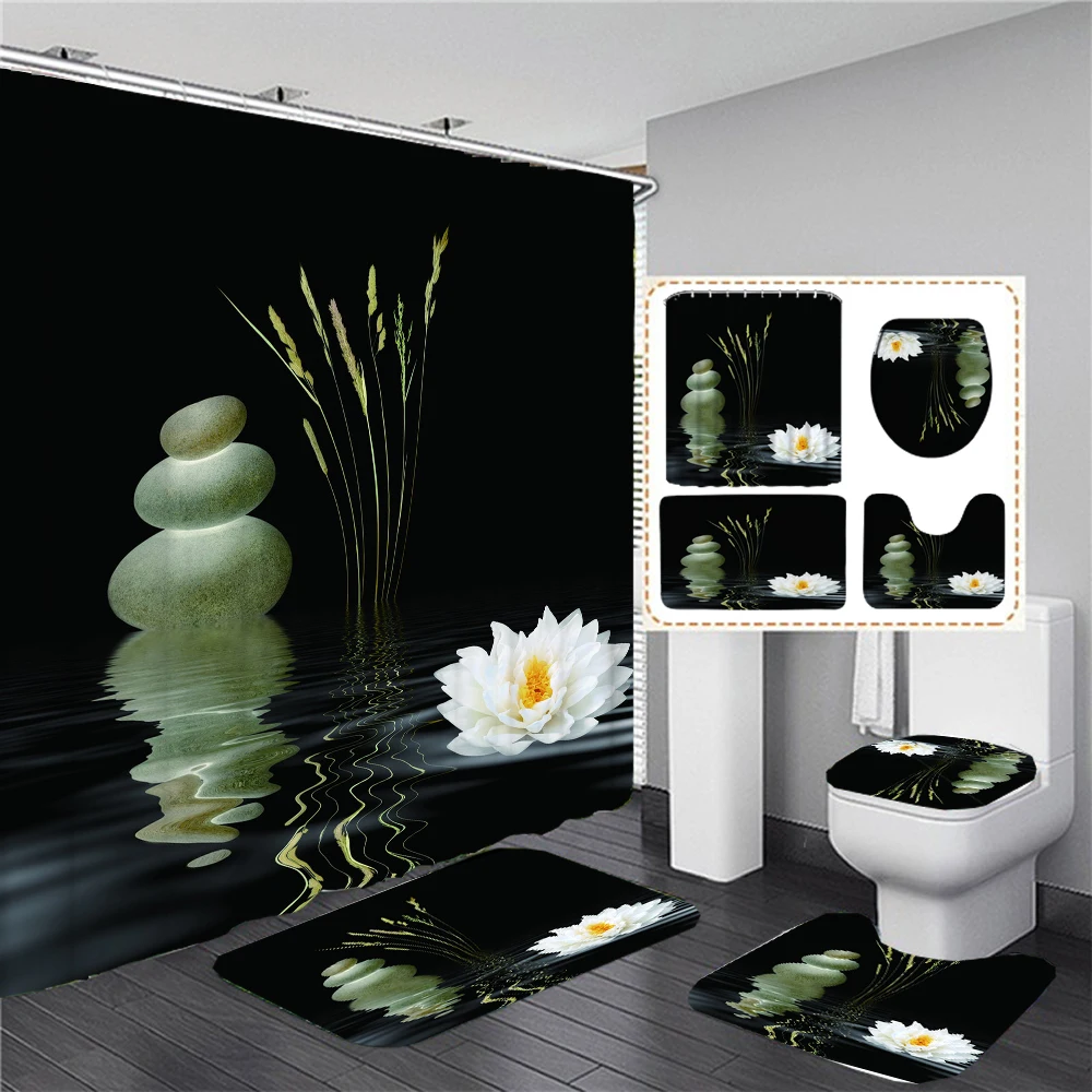 Flowers Zen Stone Shower Curtain Sets with Non-Slip Rugs Toilet Lid Cover and Bath Mat Waterproof Bathroom Curtains Home Decor