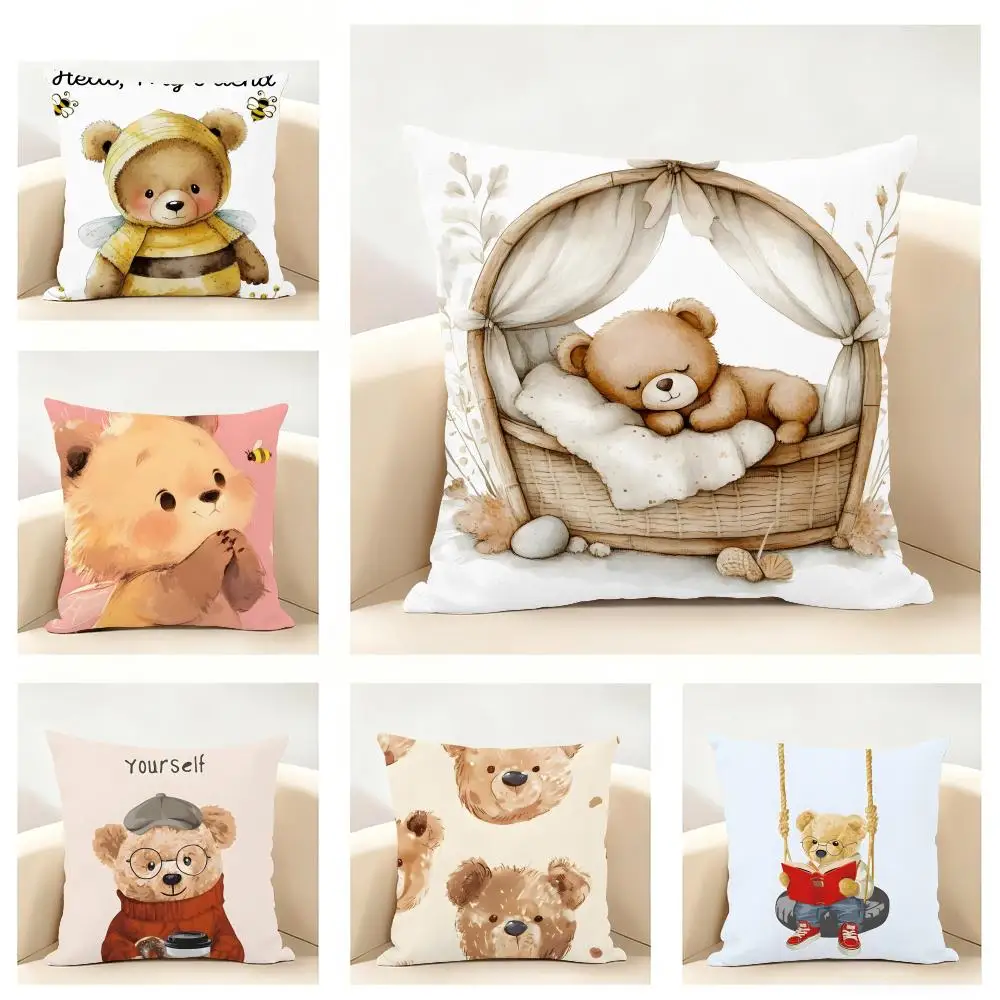 Cute Accompany Children Teddy Bear Cushion Cover Linen Pillowcase Soft  for Sofa Bed Home Room Decor