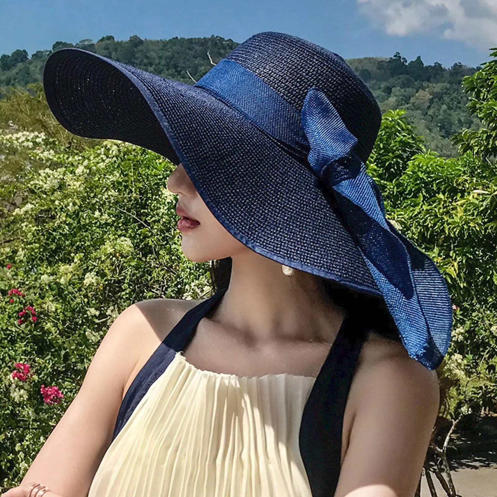 القوس قبعة الشمس أنيقة المنسوجة واسعة الحواف القبعة السيدات الصلبة قبعة كبيرة قبعة للمرأة قبعات أنيقة قبعة السيدات قبعة الشمس Gorras