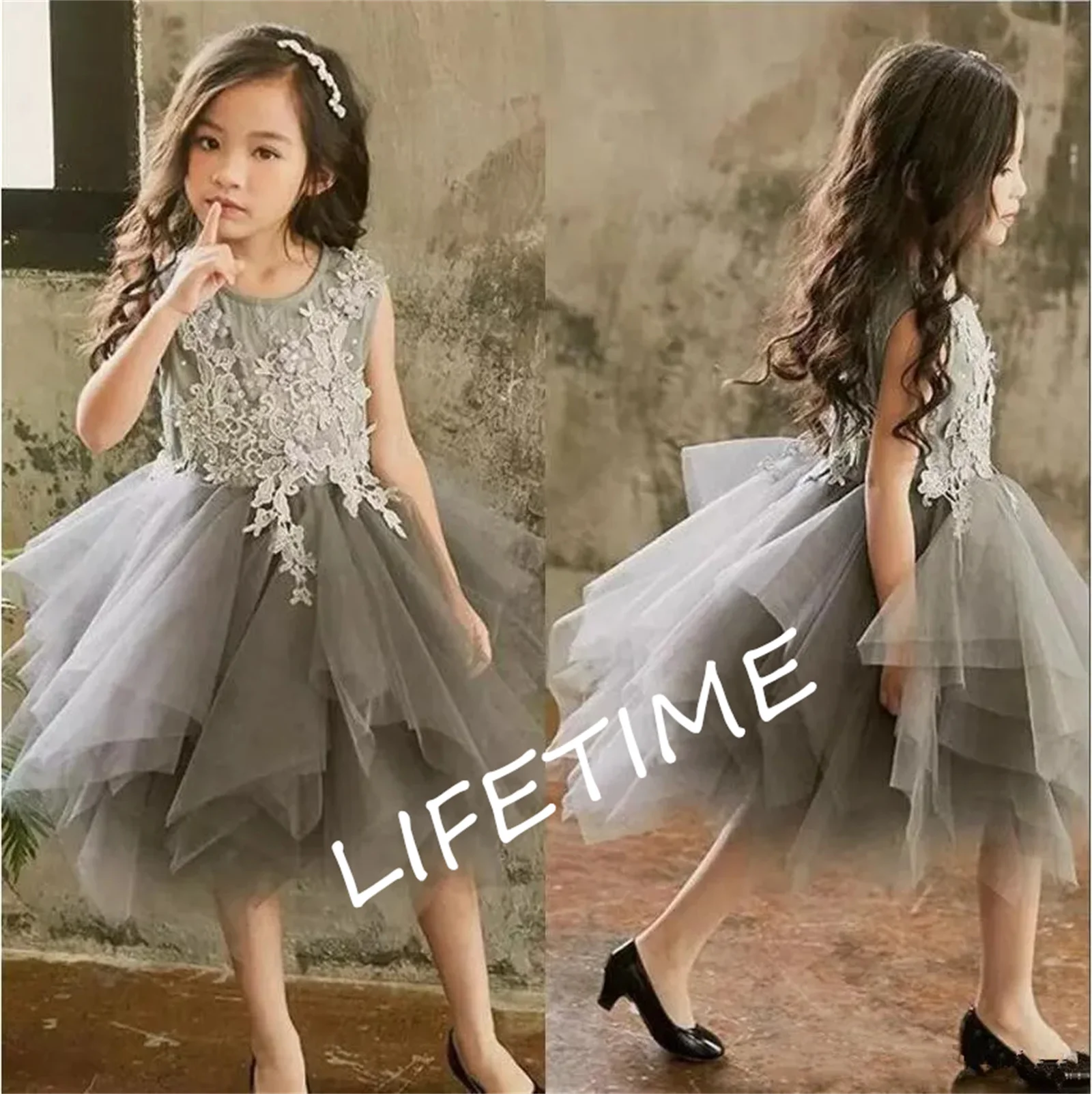 Flower Girl Dress Ivory Champagne Princess Christmas Eve Dress Ball Gown Wedding Bridal Party Gown