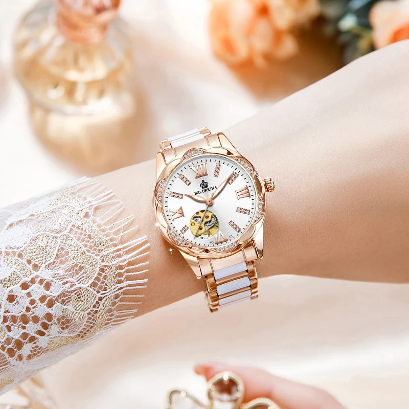 Montre Femme luxe haut marque femmes montres étanche en céramique squelette conception dames automatique mécanique montres femmes