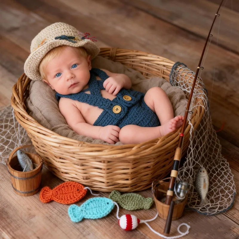 Baby Crochet Fisherman Outfits Newborn Photography Props Hand-Knitted Hat Suspenders Shorts Fish Set Infant Photo Shoot Costume