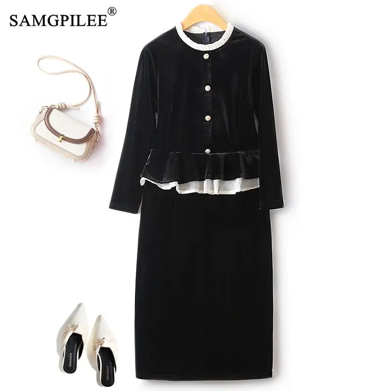 

Elegant And Pretty Women's Dresses 2023 Autumn New Fashion Velvet Fake Two Piece Suit European Hepburn Style Hip Hugging Dress