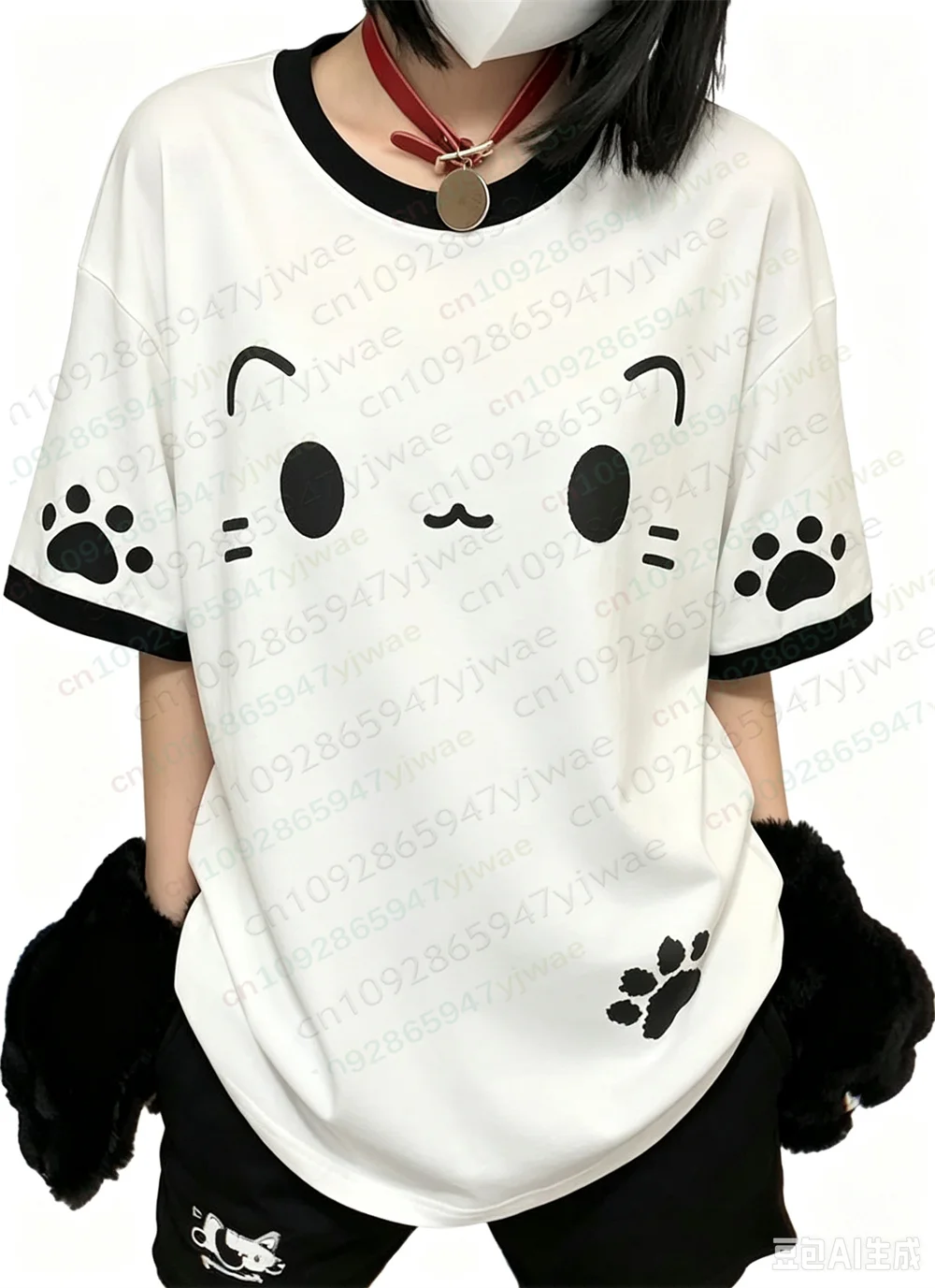 Japanische Kawaii Süße Katzenpfoten T-Shirts Damenmode Y2k Harajuku Niedlicher Cartoon-Druck Lose T-Shirts Tops Sommer Damen T-Shirt – Detail 3