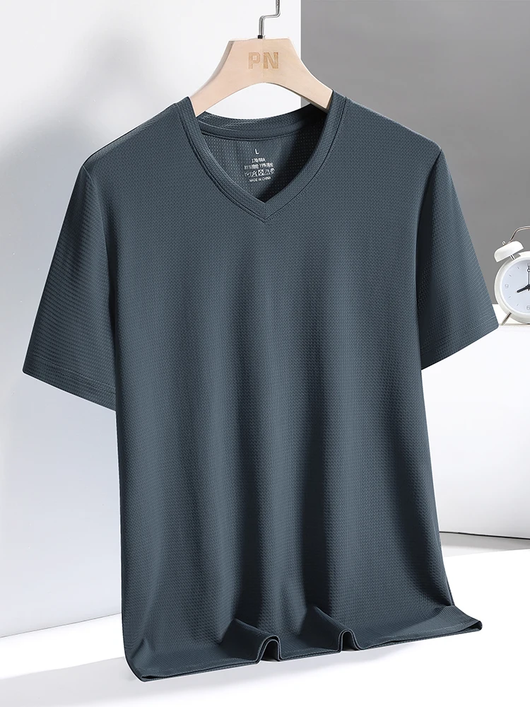 Big Size V-Neck T-Shirt Men L-6xl 7xl 8xl 9xl Summer New Ice Silk Short Sleeve Stretch T Shirts Men\'s Casual High Quality Tops