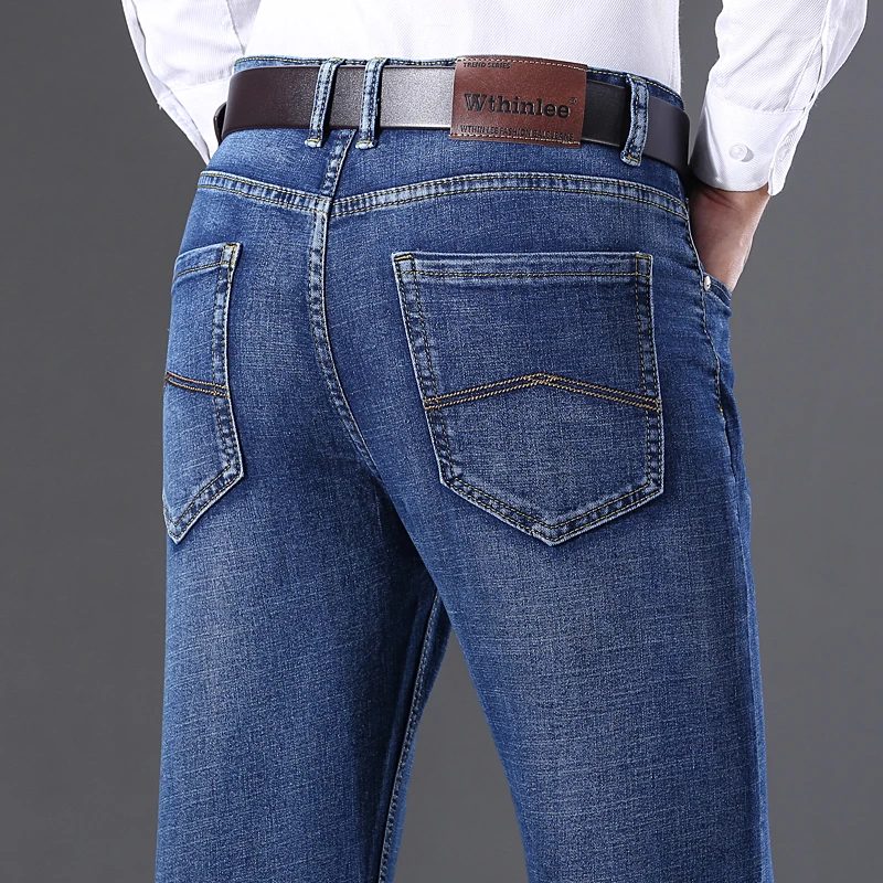 WTHINLEE New Casual Jeans Men's Fashion Business Straight Denim Trousers Blue Gray Brand Clothing Classic Stretch Work Pants
