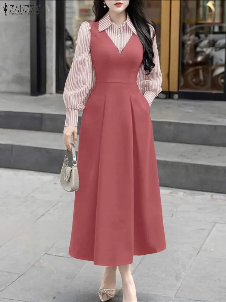 Zanzea 2025 mulheres vestidos longos outono manga longa listrado falso 2 peça camisas maxi robe moda elegante escritório festa vestidos