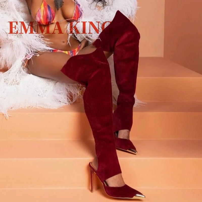 الصيف الفخذ عالية التمهيد مدبب تو فوق الركبة الأحذية النسائية الجانب سستة موضة Slingback الأحذية أنيقة حفلة أحذية طويلة 44