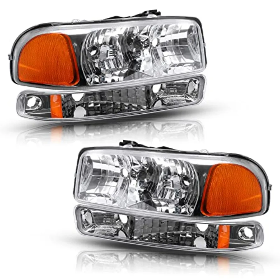 

Front Headlight Lamp with Bumper Lights Set Left + Right Compatible with 99-07 GMC Sierra 1500 2500 3500/00-06 Yukon Chrome Hou