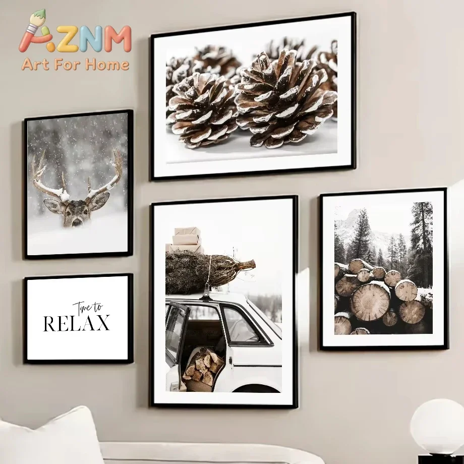 Wall Art Canvas Painting Christmas Winter Pine Forest Deer Lynx Modern Living Room Decoration Posters and Prints Wall Pictures