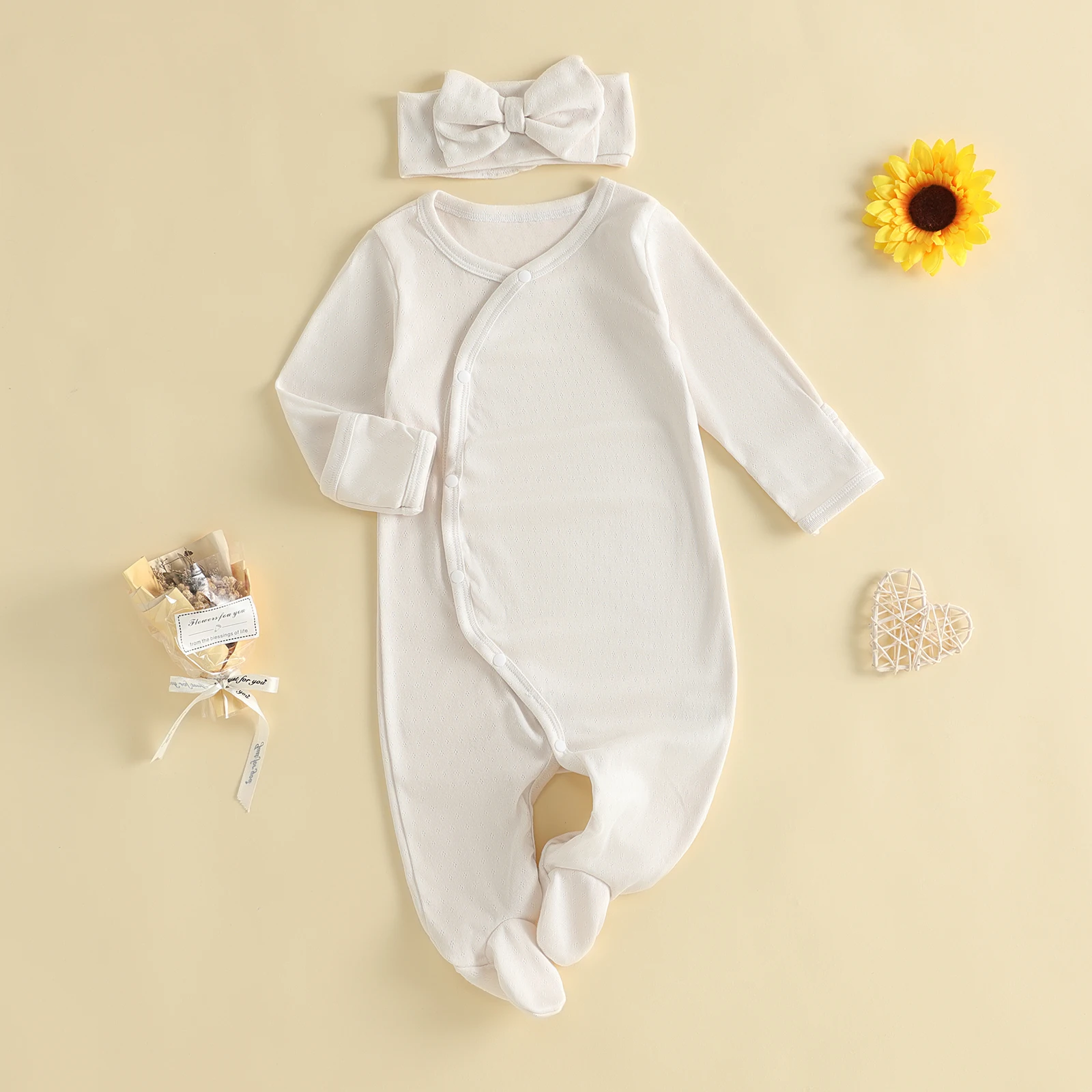 Tregren 0-12Months Newborn Jumpsuit Infant Baby Boy Girls Outfit,Casual Long Sleeve Crew Neck Footies Romper and Headband Sets