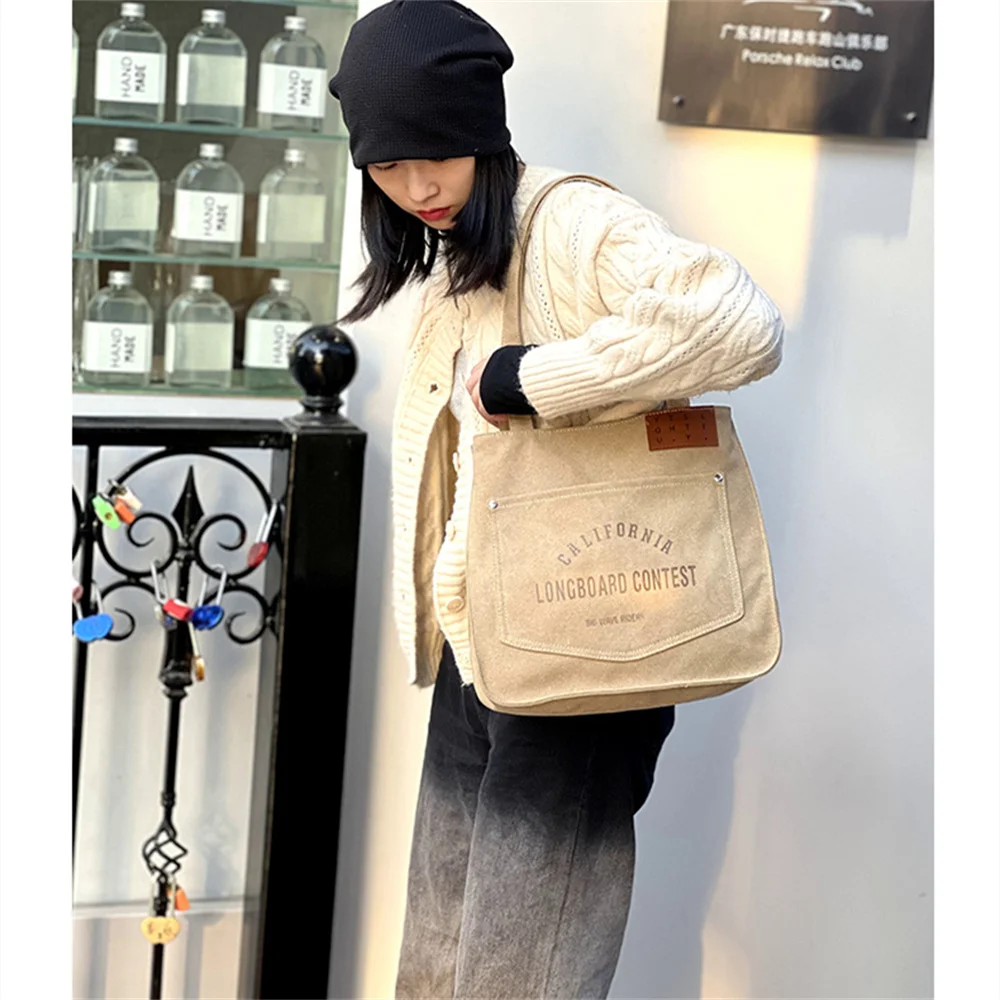 Korean Ins Style Retro Handbag Advanced Sense 2023 Wash Water Canvas Bag Japanese Casual Tote Bag One Shoulder Shopping Bag