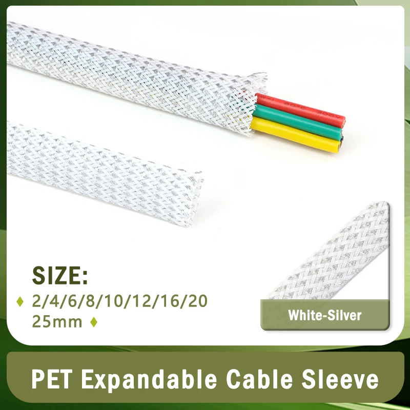 

1~50m White Silver PET Braid Sleeve 2/4/6/8/10/12/16/20/25mm High Density Snake Skin Cable Wrap Sheath For Electric Cables