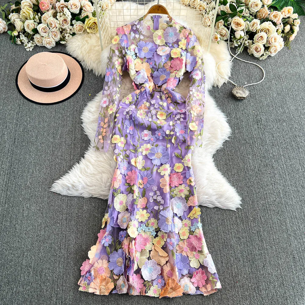 Quality Summer Autumn Fashion Flower Embroidery Lace Prom Wedding Dress Women Tulle Long Sleeve Mermaid Fishtail Dresses Party