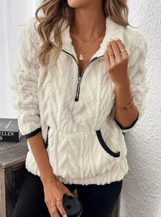 

2025 Autumn/winter New Polo Small Fragrant Jacquard Half Zipper Plush Pocket Short Hoodie
