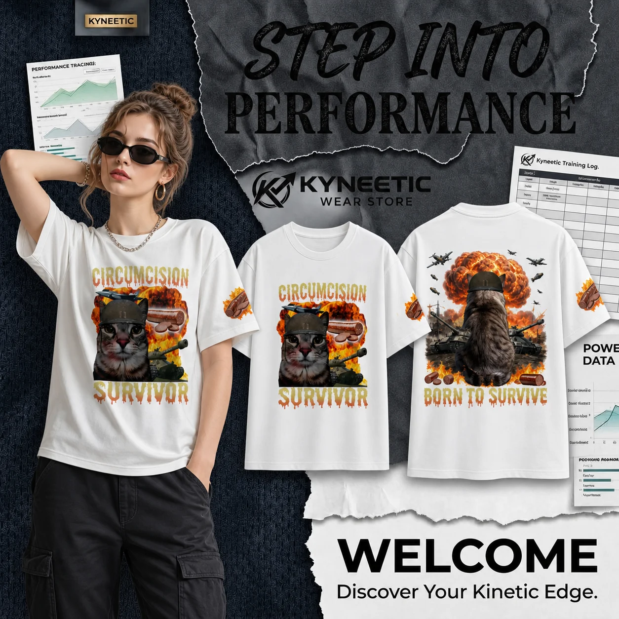 Funny Meme Cat Tactical Military Print Parent-Child Round Neck Tee Halloween Party Vintage Rock Harajuku Crewneck T-Shirt Top