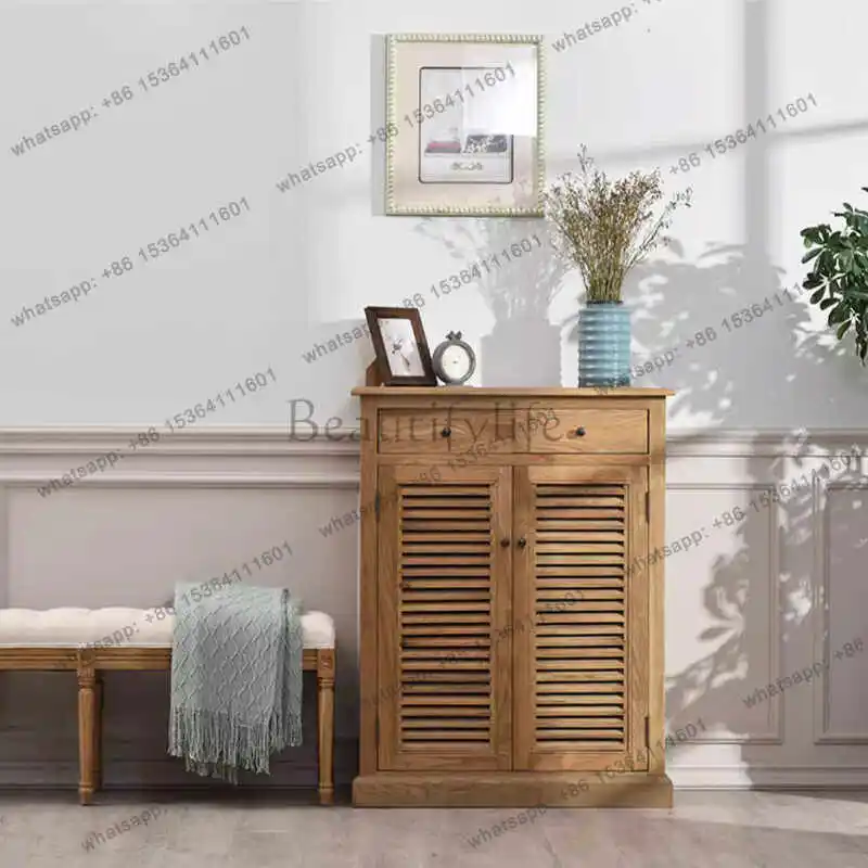 Large-capacity entrance cabinet at home door, retro and old solid wood shutter door, locker