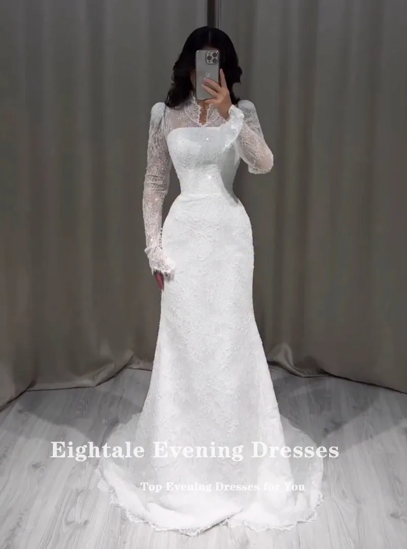 Eightale Arabic Wedding Dress Lace V-Neck Customized White Ivory Long Sleeves Muslim Bridal Gown Mermaid Bride Party Dress