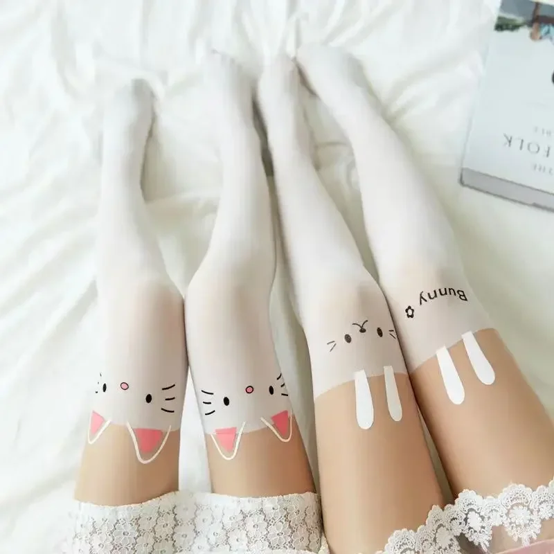 2023 New Cartoon Cat Rabbit Print Pantyhose JK Girl Stitching Fake Stockings Thighs Cute Female Student Socks for Women Girls