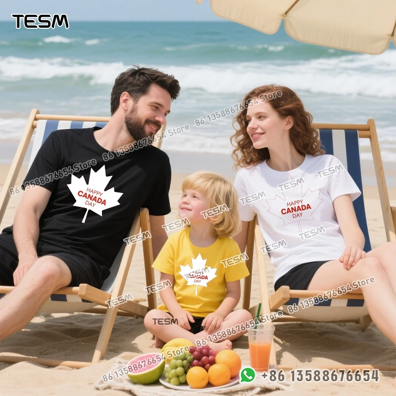 TESM 100% Pure Cotton Yellow T - Shirt, Canadian Maple Leaf Print Parent - Child & Couple Festival Short - Sleeve Top