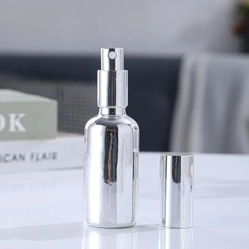 Garrafa de vidro banhada a prata com tampa de spray prateada, garrafa de vidro fosco com loção de plástico preta/tampa conta-gotas, garrafas de soro facial