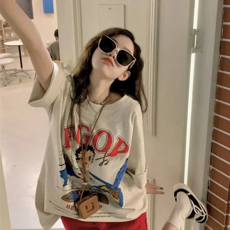 Oversized Cartoon Printed T-shirt Women 2024 Spring Summer Mid-length Tee Shirt Y2k Harajuku Half Sleeve Loose Female Tops