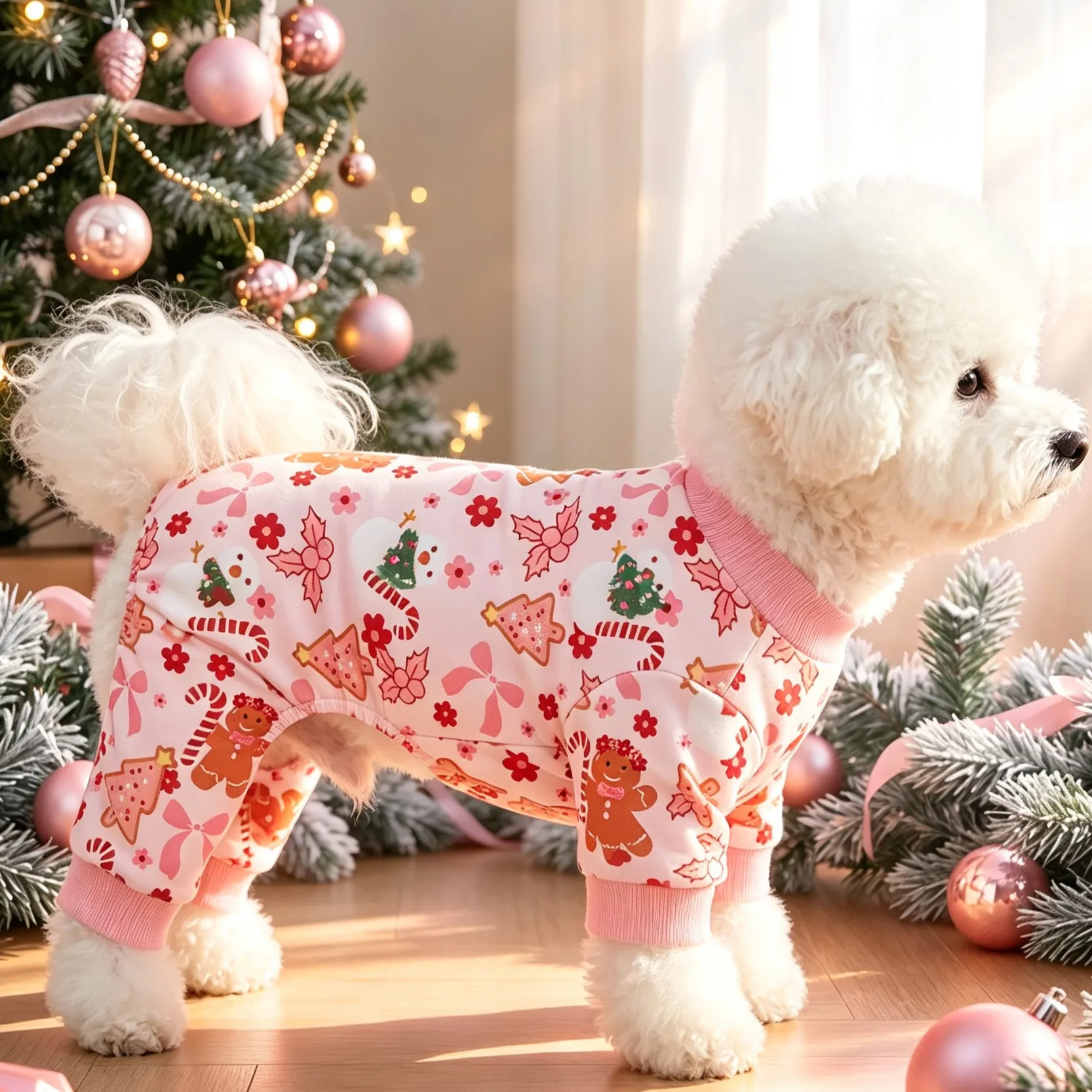 Pet quadruped, Christmas light foundation make-up gingerbread man snowman print dog quadruped jumpsuit