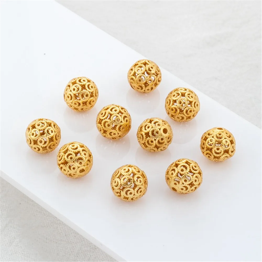 18K Matte Gold Color Cut-out Pattern Round Balls, Loose Beads, DIY Bracelet, Necklace, Ancient Gold Color, 8mm