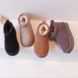 Botas de neve de couro genuíno infantil, pelúcia, grossas, curtas, meninos, meninas, bebê, quente, casual, algodão, inverno, nova moda, 22-3