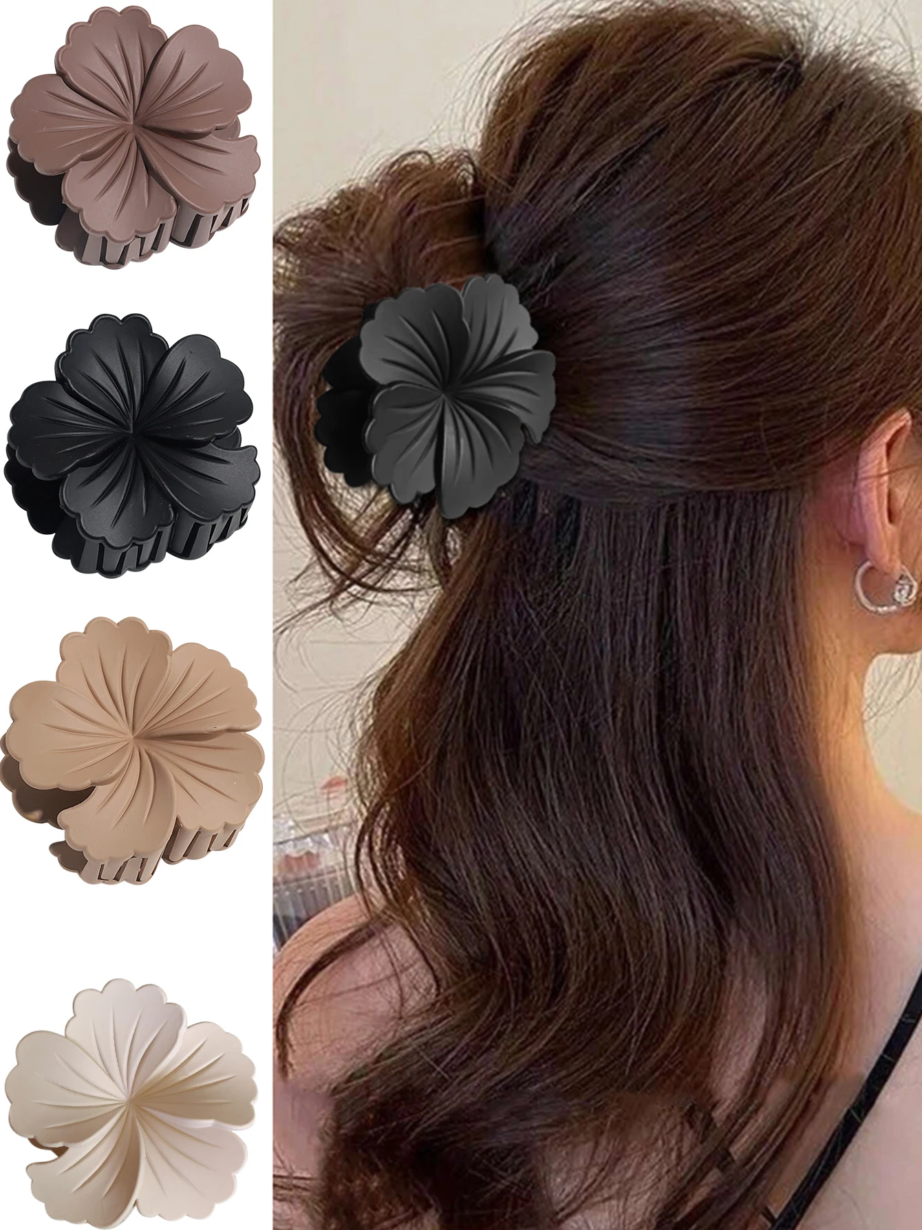 4 Uds. Clip de garra de Color puro con flor de Color café para mujer, nuevos accesorios simples para el cabello para Updo y peluquería diarios