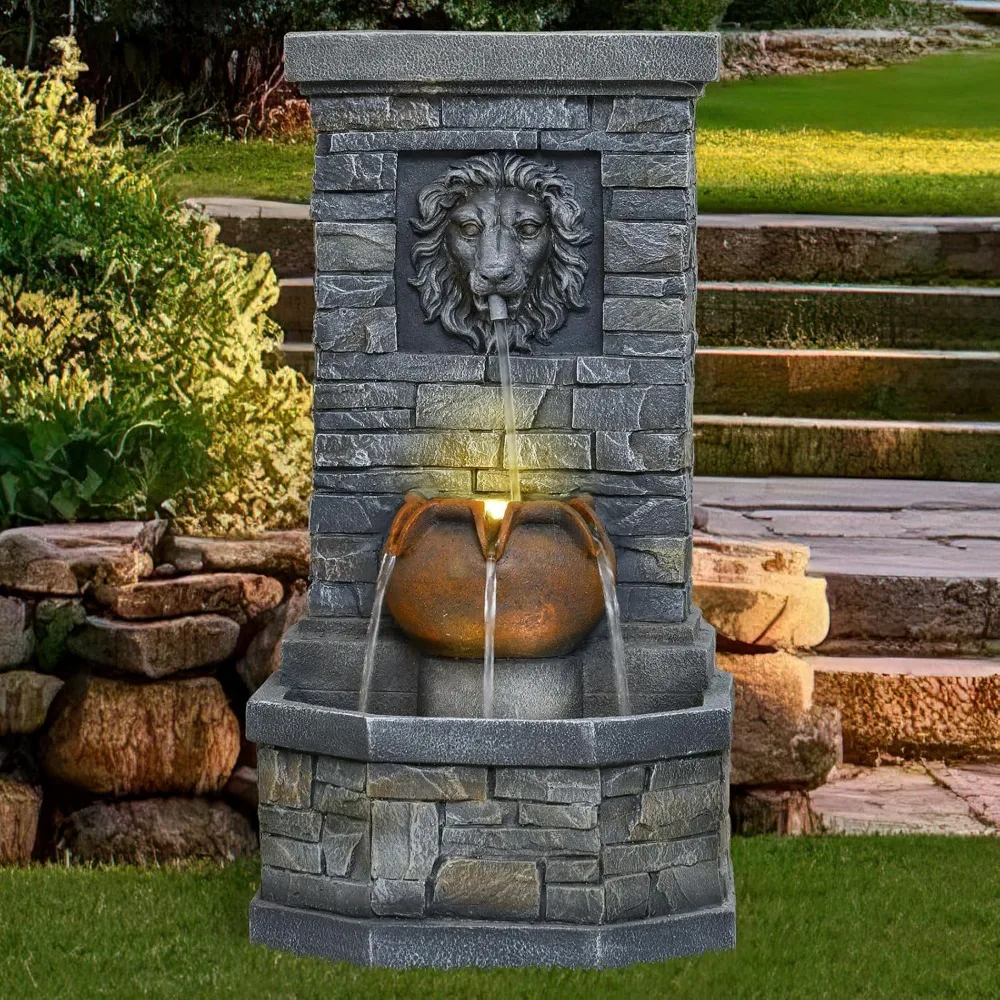 

32.28'' Outdoor Garden Floor-Standing Water Fountain Lion Head Stone with Lights Outdoor Waterfall for Patio, Backyard, Deck