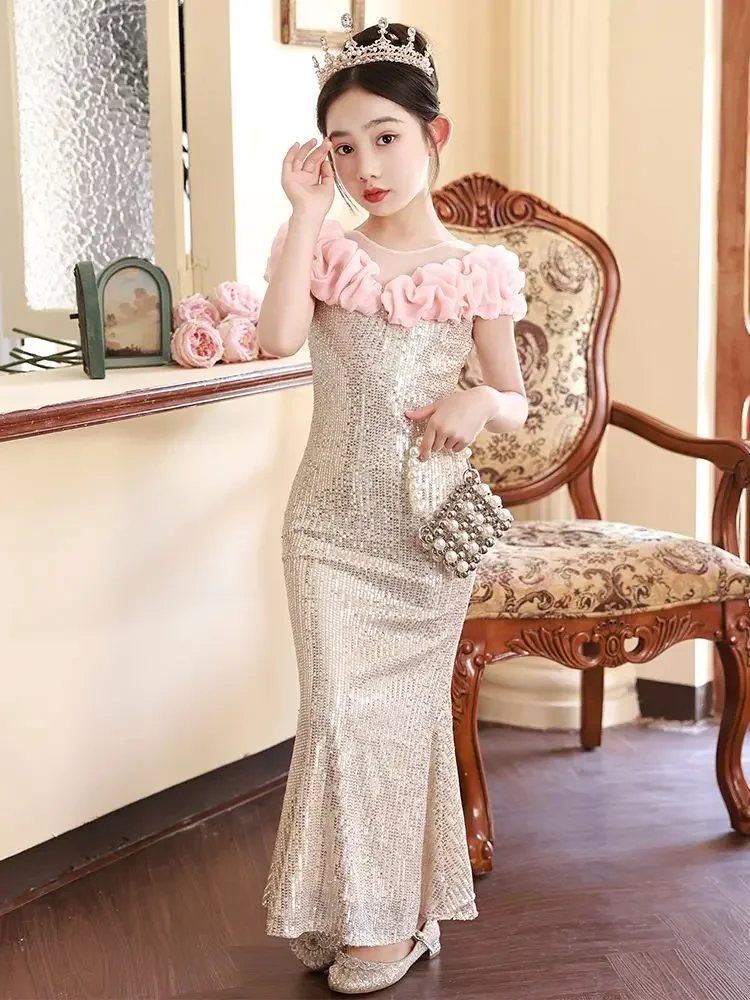 2023 Mermaid Dresses For Girls Teens Kids Elegant Bridesmaid Wedding Dress Sequin Child Party Evening Gown Prom Cocktail Dress