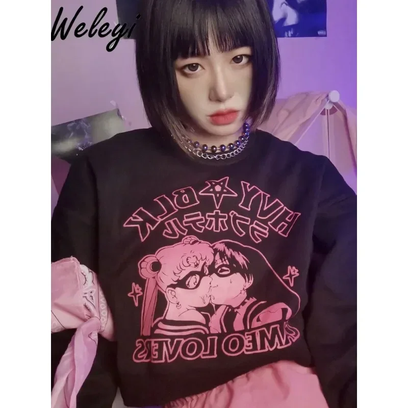 

Japanese Style Jirai Kei Harajuku Hoodies Female 2024 Spring and Autumn New Sweet Black Long Sleeve Pullover Printed Sweatshirt