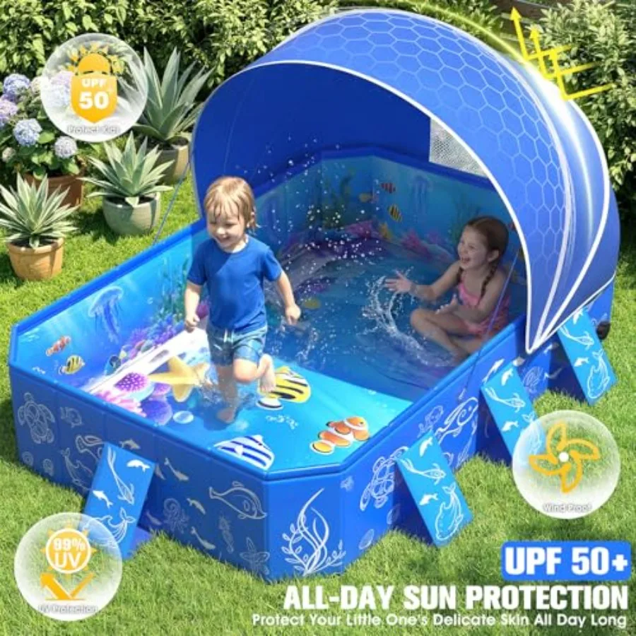 Outdoor pop-up kiddie beach pool for backyard use, non-inflatable portable toddler pool with canopy shade, foldable design in b
