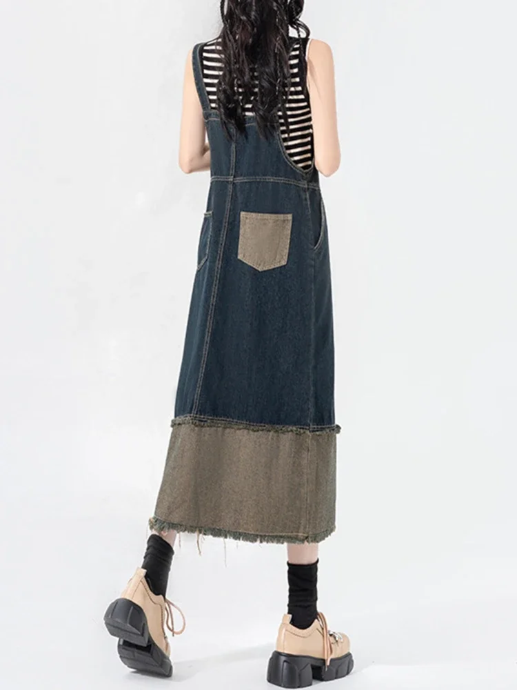 Denim Dresses Women Retro Nostalgic Panelled Irregular Fashion Suspenders Spring All-match Streetwear Students Chic Vestidos Ins