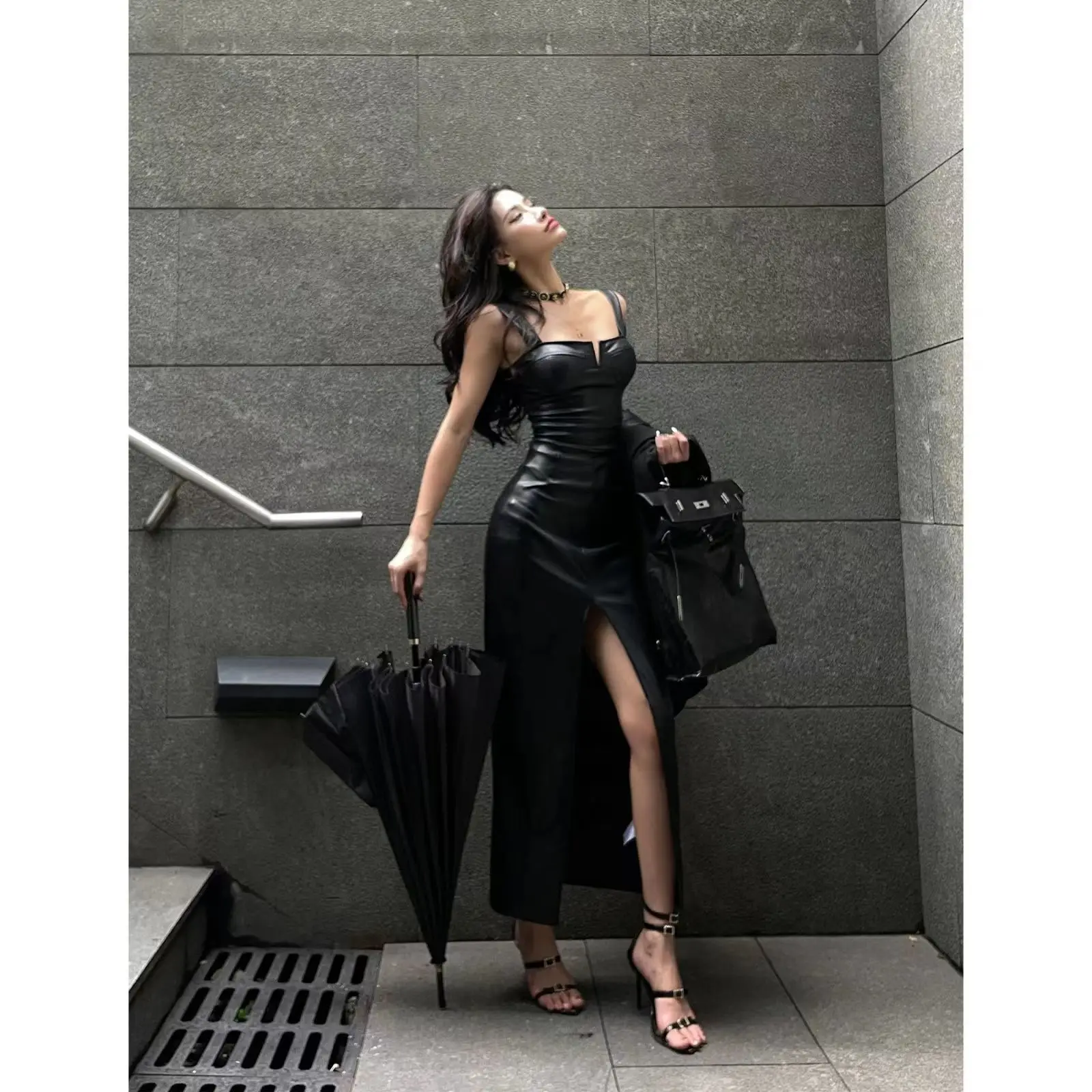 Large Size Spicy Girl Royal Sister Leather Skirt Set Women\'s Leather Coat Short Coat Sexy Dress Wrapped Hip Skirt Fat Mm Long