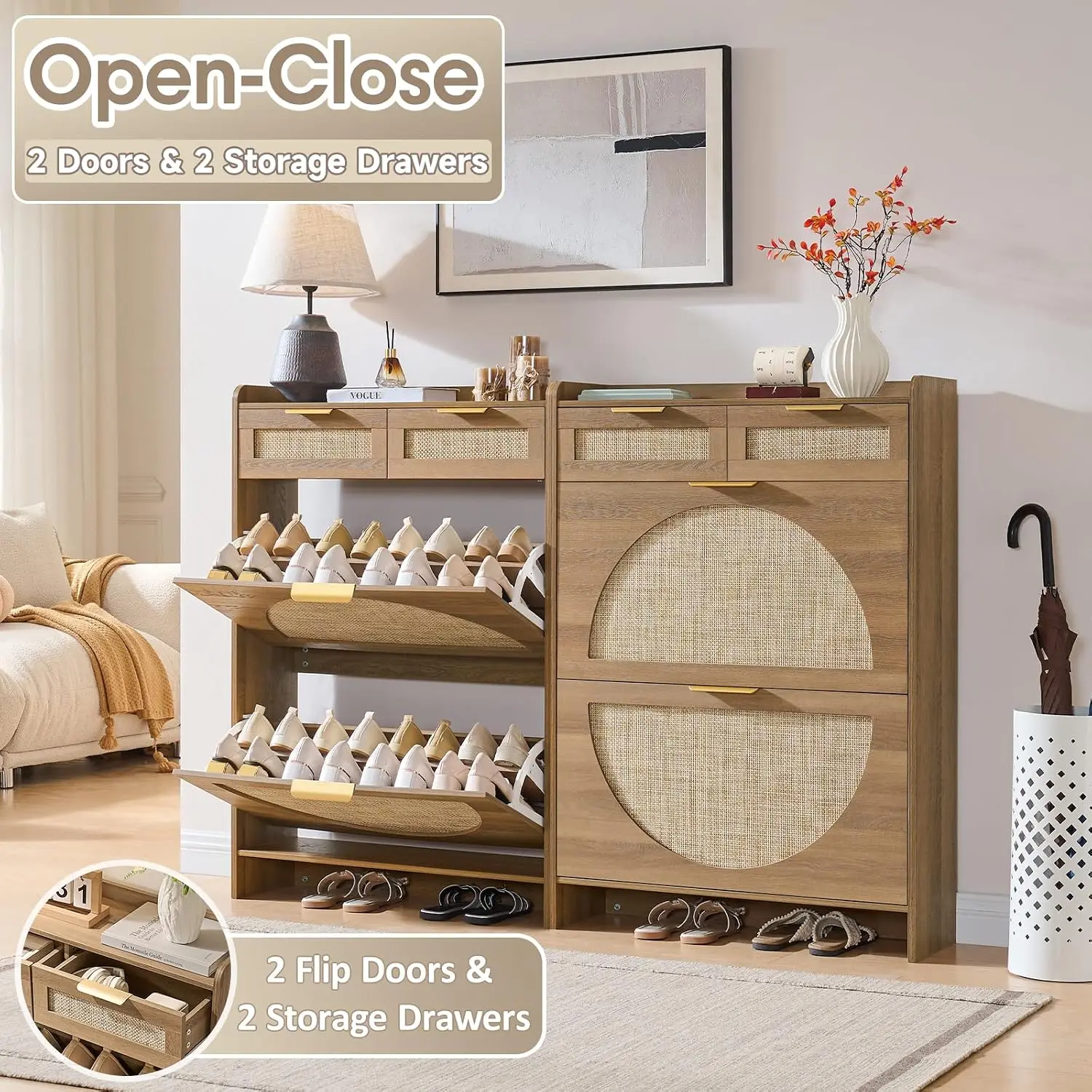 Shoe Storage Cabinet with 2 Flip Drawers & 2 Drawers, Freestanding Organizer for Front Door Entrance, Hidden Narrow Shoe