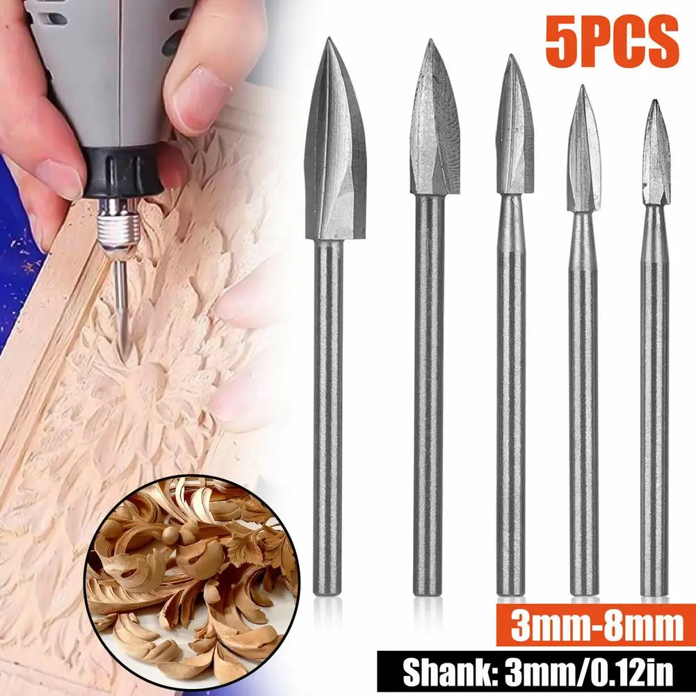 

5Pcs Wood Carving Drill Bit HSS Engraving Drill Bit Set Solid Carbide Root Milling Grinder Burr Precise Woodworking Carve Tools